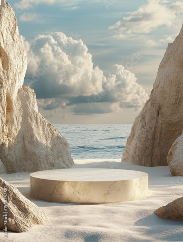 ultra quality image of 3d rendering of a sandy beach with a podium for product presentation., high detail, 8k