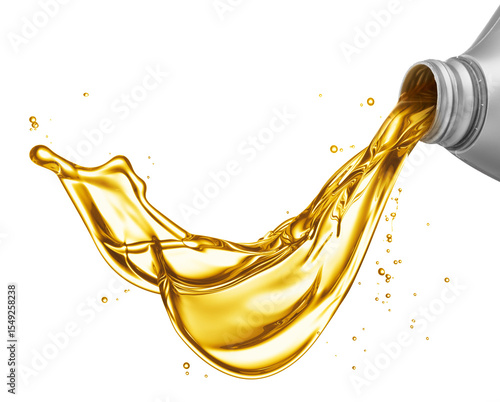 Golden Oil Pouring in a Dramatic Splash. A dynamic image showcasing a dramatic splash of golden oil pouring from a silver container against a pure black background.