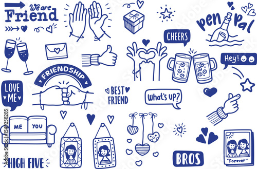 Cute Doodle People Chat Icons – Talk, Speak, Hello, Characters, Emotions, Blue Sketch Vector