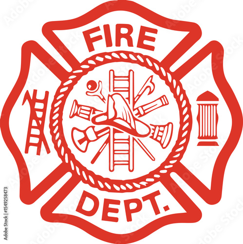 Red fire department maltese cross emblem with firefighting equipment isolated