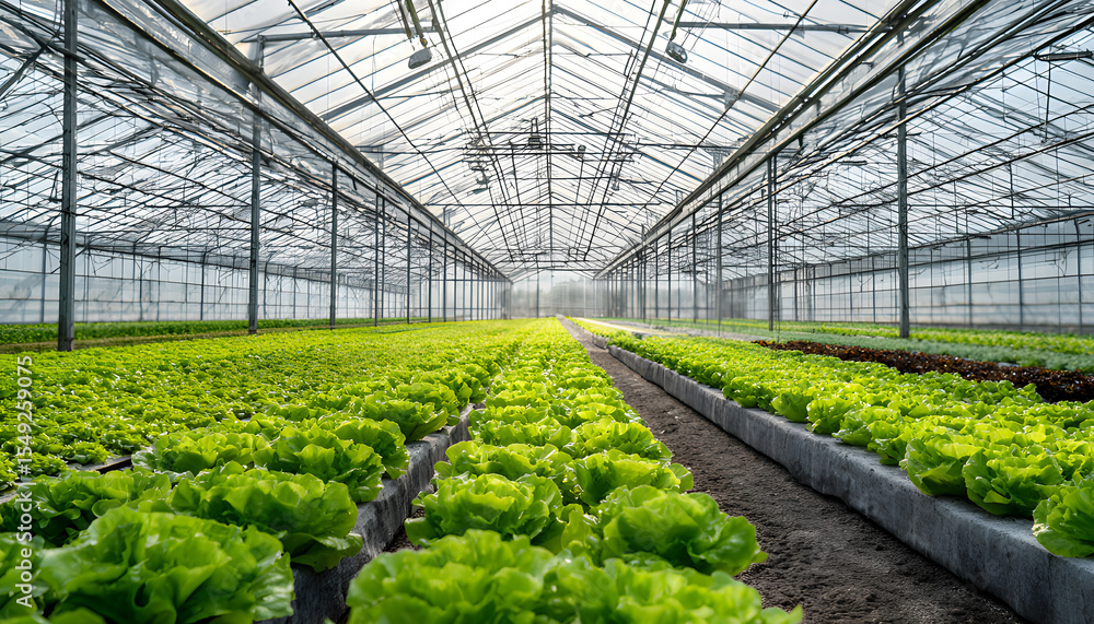 Rows of salad lettuce seedlings growing in greenhouse. Rich green foliage, springtime. Agriculture, farming, nature growth. Germination process Rows of salad lettuce seedlings growing in greenhouse. Rich green foliage, springtime. Agriculture, farming, nature growth. Germination process