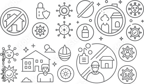 COVID-19 Prevention Icons: Social Distancing, Sanitizing, Masks