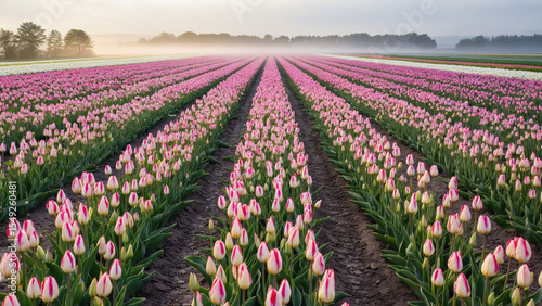 A beautiful field filled with pink and white tulips