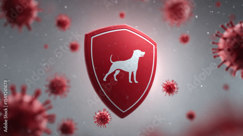 Red Shield with Dog Silhouette and Virus Particles Representing Rabies Awareness and Animal Protection Campaign