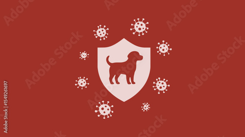 Red Shield with Dog Silhouette and Virus Particles Representing Rabies Awareness and Animal Protection Campaign