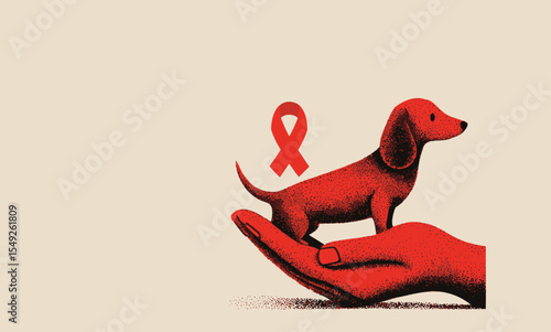 Sketch Style Dog in Hands with Red Awareness Ribbon for Rabies Day Health Support Illustration Campaign