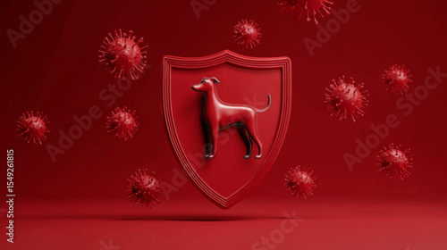 Red Shield with Dog Silhouette and Virus Particles Representing Rabies Awareness and Animal Protection Campaign