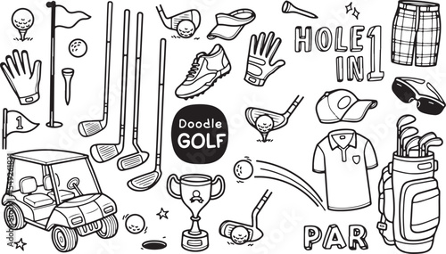 Golf Sport Doodle Icons – Golf Club, Tee, Ball, Course Equipment Sketch Vector