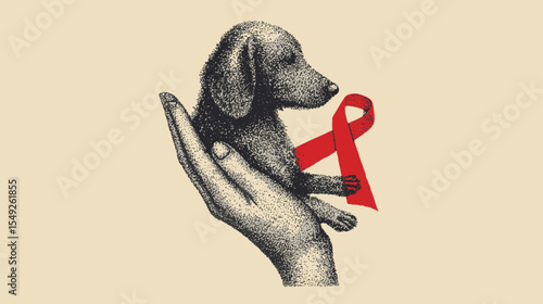 Sketch Style Dog in Hands with Red Awareness Ribbon for Rabies Day Health Support Illustration Campaign
