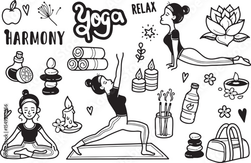Yoga Wellness Doodle Set – Fitness, Meditation, Spa, Health Concept Line Art, Transparent Background