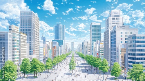 Vibrant Cityscape with Lush Greenery and a Dynamic Atmosphere, Perfect Blend of Urban and Natural Elements