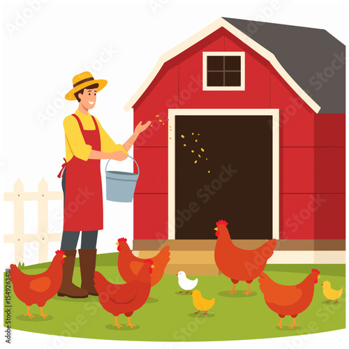 A farmer in an apron feeds chickens grain in front of a red barn on a green patch