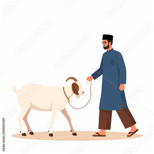 A man in a tunic leads a white goat with brown horns wearing a bell on a leash He holds a stick