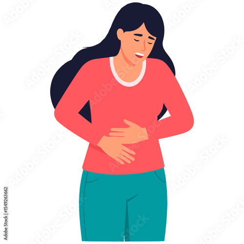Woman with dark hair clutching her stomach and grimacing in pain She wears a pink top and blue pants