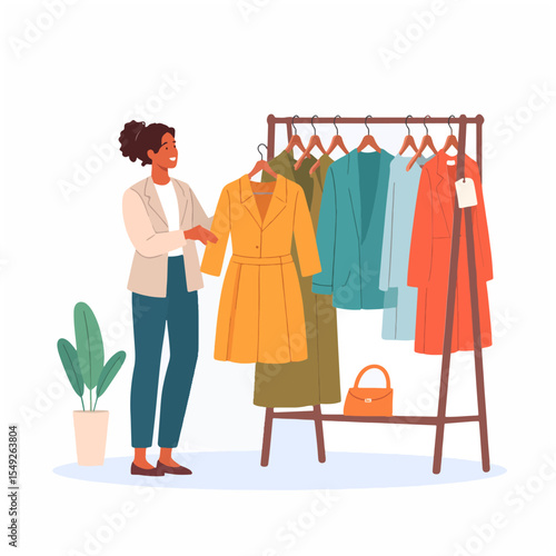 A woman examines a yellow clothes on a clothing rack with other cloths and a purse in a store