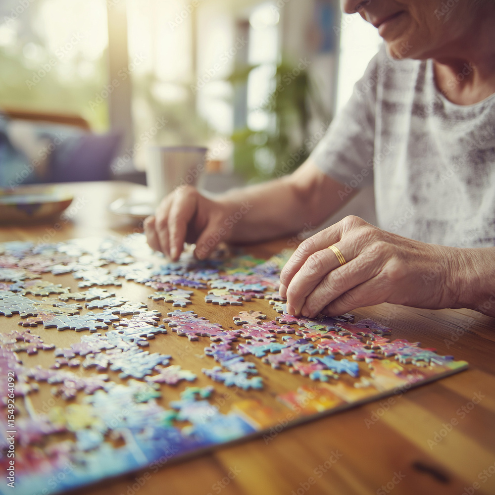 Elderly woman concentrating on solving jigsaw puzzle at wooden table, senior mental exercise and cognitive stimulation for memory care and dementia prevention. Elderly woman concentrating on solving jigsaw puzzle at wooden table, senior mental exercise and cognitive stimulation for memory care and dementia prevention.