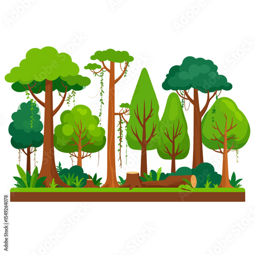 A vibrant forest scene with various trees undergrowth and a fallen log set against a white backdrop