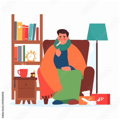 A man sits in a chair wrapped in a blanket with a thermometer in his mouth next to a tissue box bookshelf lamp  table