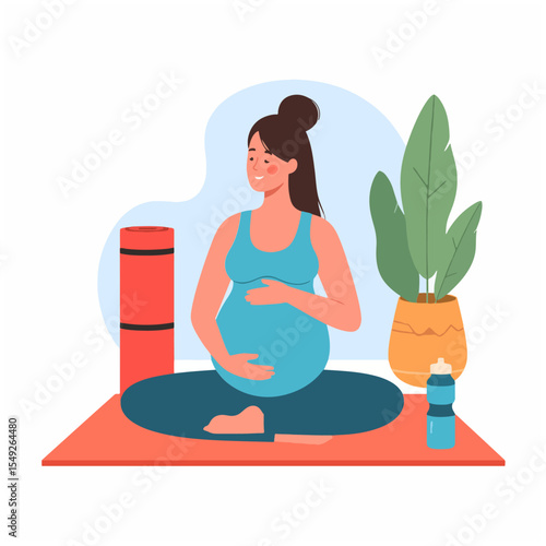 A pregnant woman sits crosslegged on a yoga mat hands on her belly A yoga mat water bottle and plant are nearby