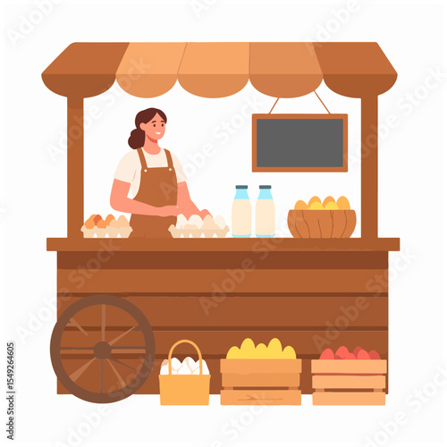 A farmer sells goods from a market stand with eggs milk and fruit