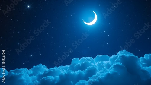 Ultra-realistic enchanted night sky in deep glowing blues, with shimmering stars, an icy white crescent moon, and glowing cumulus clouds — perfect for magical, serene fantasy backgrounds.