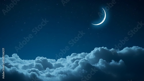 Ultra-realistic enchanted night sky in deep glowing blues, with shimmering stars, an icy white crescent moon, and glowing cumulus clouds — perfect for magical, serene fantasy backgrounds.