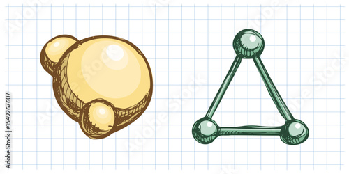 Hand drawn vintage sketch of molecular model and atom structure in color on grid notebook background