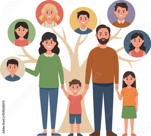 Illustration of a family tree with parents and children standing in front of the tree diagram
