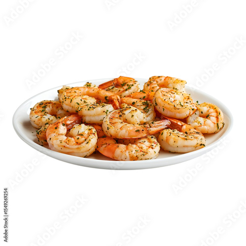 Garlic butter shrimp on white plate, isolated on transparent background 
