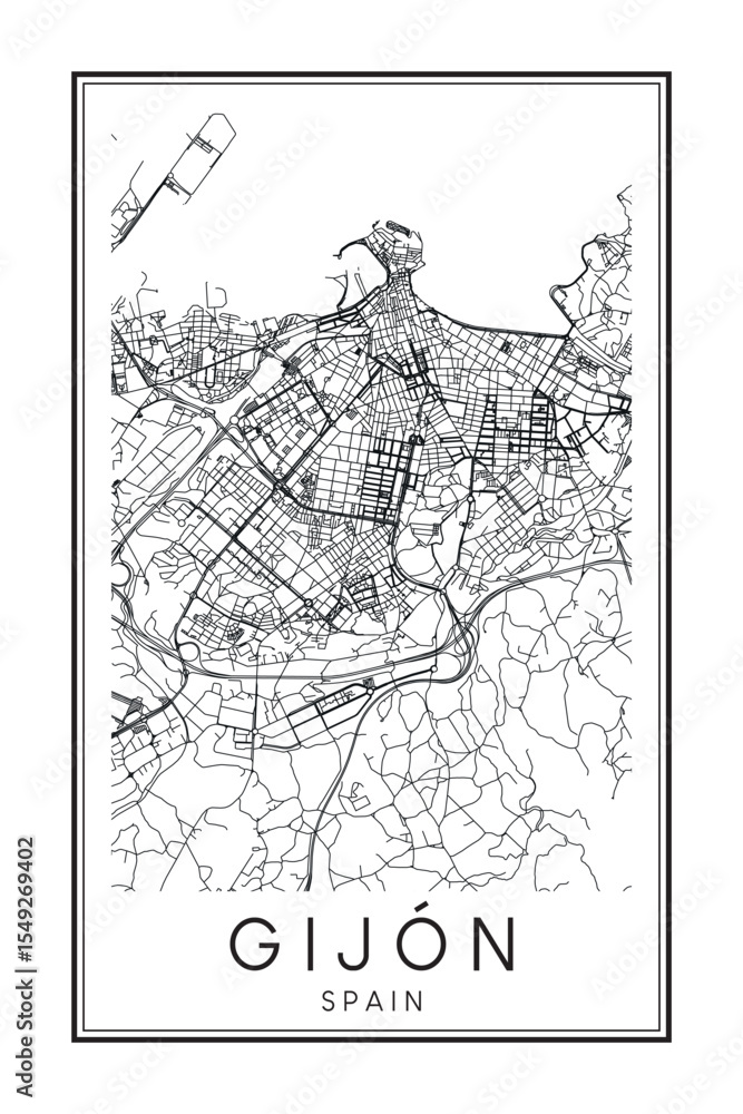 Fototapeta premium Hand drawn printable downtown road map poster of the Spanish city of GIJÓN on solid white background with city name