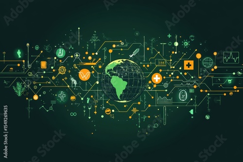 Illustrated vector of Earth surrounded by healthcare, animal, and plant icons promoting One Health with copy space. Flat graphic lighting.