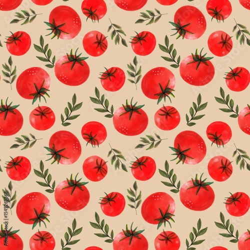 Seamless tomato pattern with leaves on beige background