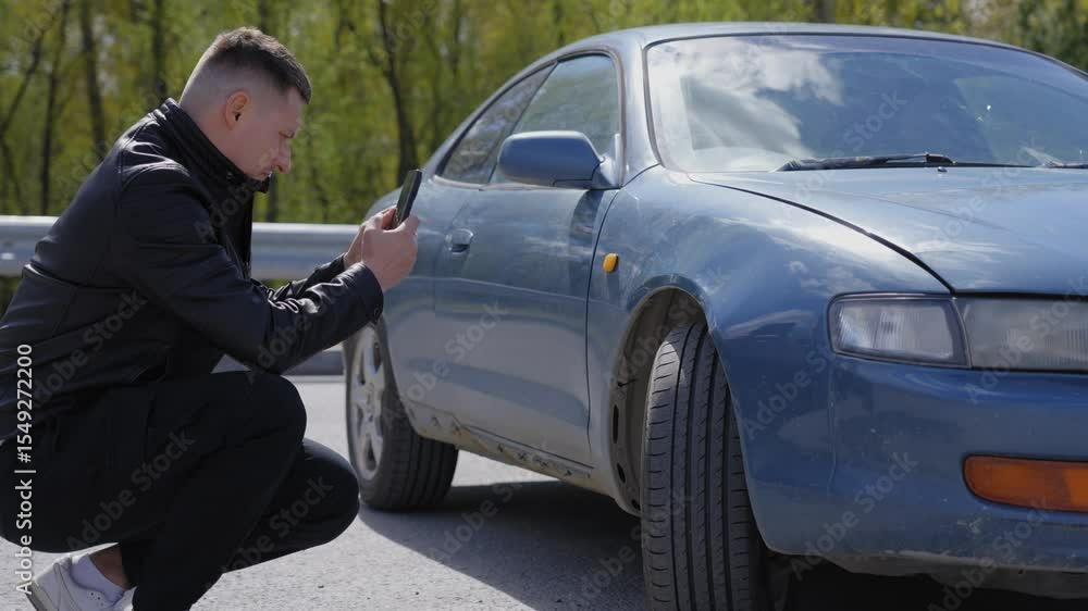 Caucasian man looks at and photographs deformation on his car body. Caucasian man looks at and photographs deformation on his car body.