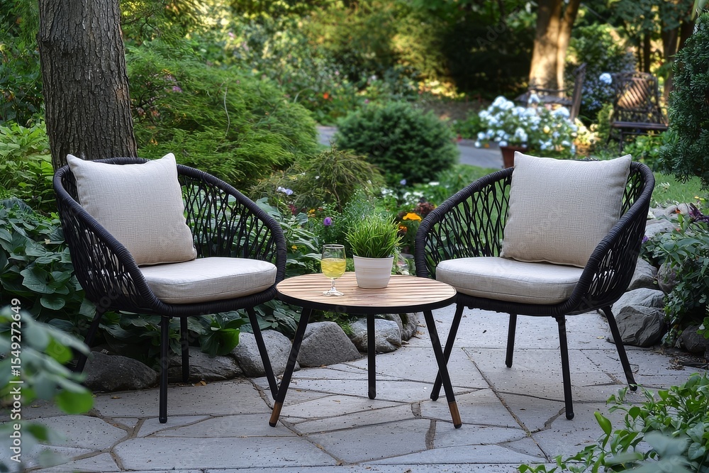 Obraz premium 3-piece patio furniture set with black frame, wood legs, beige cushions, two chairs and table, garden background