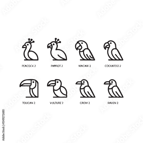 A clean vector illustration showcasing a diverse collection of bird line icons. Minimalist pictograms of parrot, toucan, and raven.
