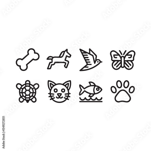 A diverse set of eight black and white line art animal icons. This collection includes a cat, paw print, horse, bird, fish, turtle, butterfly, and bone.