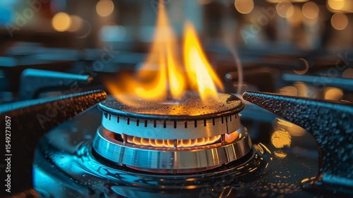 Burning Gas Stove Hob: Close-up Flame View for Cooking and Kitchen Themes, Vibrant Flames