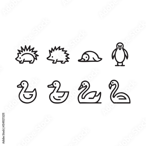 A set of eight black and white line art animal icons including a hedgehog, penguin, seal, duck, and swan for graphic design projects.