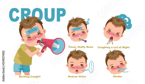 Cartoon Illustrations of Little Baby Boy with Croup Symptom