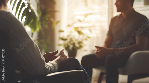Two individuals engaged in a therapeutic conversation in a warmly lit room