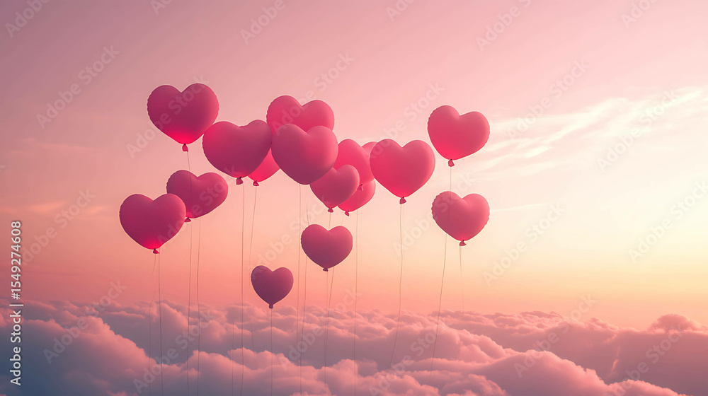 Obraz premium Heart-shaped balloons floating in a pink sky surrounded by clouds