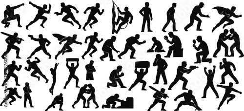 Male Poses, Daily Routines, Superhero Action, and Action Figures vector set. 