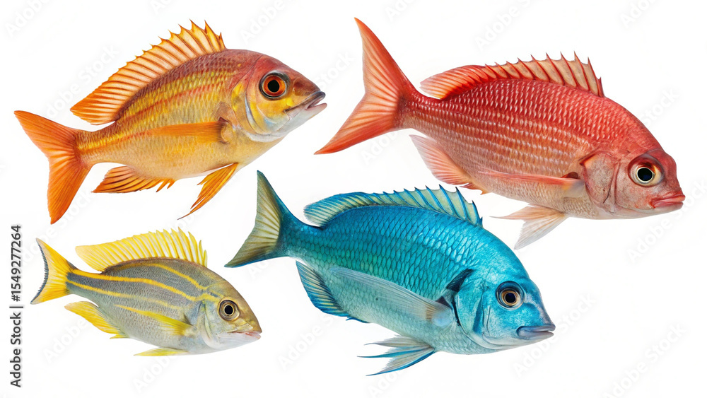 Photo of group of colorful fish isolated on white background Photo of group of colorful fish isolated on white background