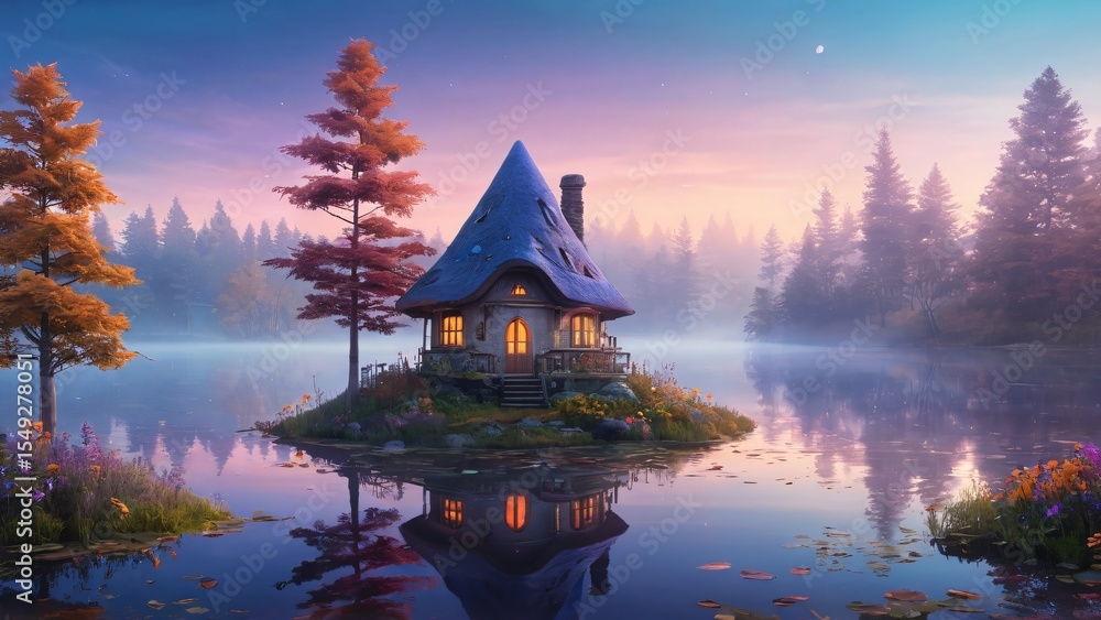 Obraz premium Enchanting Lakehouse Surrounded by Twilight Nature and Reflective Waters, A cozy cottage rests on a picturesque island amidst a tranquil lake during twilight.