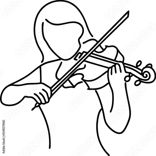 Girl playing violin musical instrument. Person playing violin, creating melodious music notes. Line art illustration of girl violinist perfect for music school brochure or concert poster.