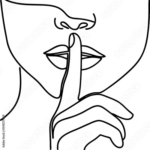 Elegant line art drawing of woman's face with finger on lips.  Hush concept illustrated with simple continuous line.  Stylish minimalist hush image ideal for posters and social media.