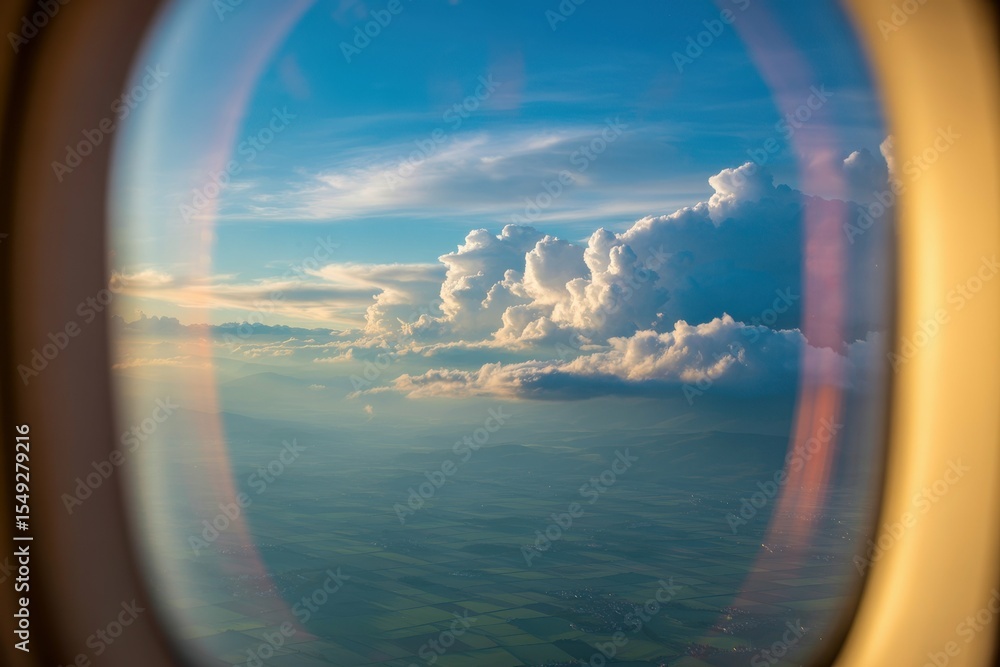 A photograph of a breathtaking view of clouds and sky as seen through an airplane window A photograph of a breathtaking view of clouds and sky as seen through an airplane window
