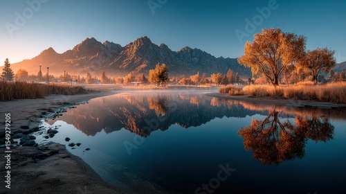 Autumn sunrise over calm lake, mountains reflected