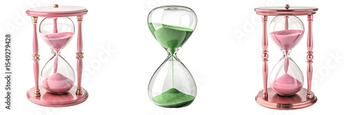 Set For Three hourglasses with colored sand isolated on transparent background