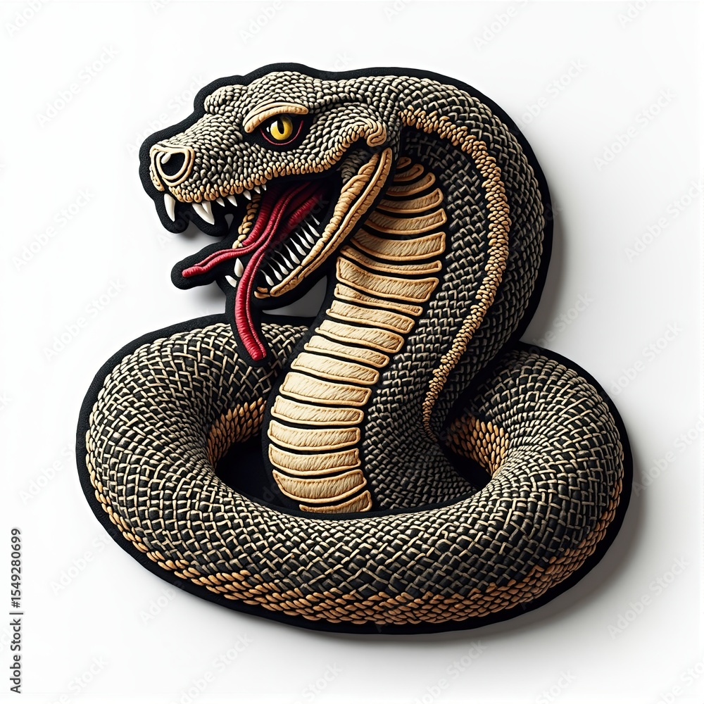 Obraz premium Stylized snake with a menacing gaze, coiled and poised to strike on plain white background space.